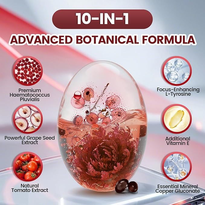 Astaxanthin 12mg, 240 Softgels, Fresh Haematococcus Pluvialis 10 in 1 Astaxanthin Antioxidant Supplements, Contains Lycopene, Grape Seed, Vitamin E, & More Supports Eye, Joints, Skin Health, 1 Bag