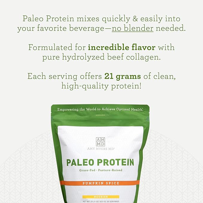Amy Myers MD Paleo Protein Powder - Pumpkin Spice, 30 Servings - Collagen-Based Gut Function Support - Gluten-Free & Non-Dairy Protein Supplement