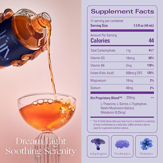 Kin Euphorics Dream Light Non-Alcoholic Soothing Serenity | Adaptogens & Botanicals for Restful Sleep | Reishi Mushroom, L-Theanine, Melatonin | Earthy Oak, Smoky Clove, Spicy Cinnamon | 16.9 fl oz