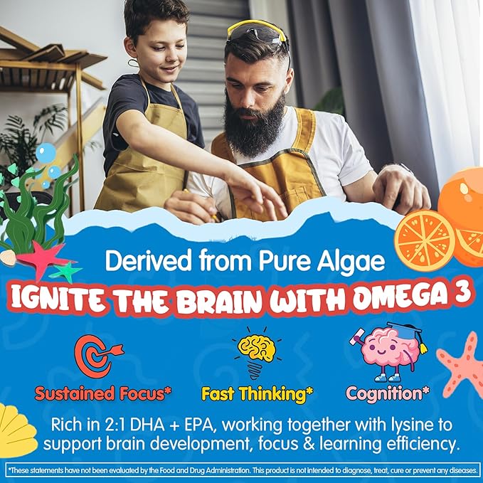 L-Lysine Gummies 500/1000mg with Algae Omega 3, Vitamin B2, D3, K2, C for Adults & Kids 9+, Lysine Supplement Support Immune, Lip & Oral, Collagen Production, Brain, Bone Health, Sugar Free 1Pack