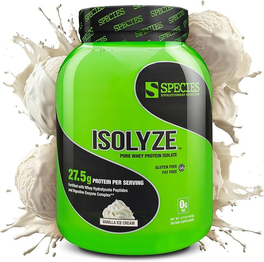 Species Nutrition Isolyze Whey Protein Powder, 100% Whey Isolate for Muscle Building, 27.5g Protein Per Scoop, No Sugar & Low Fat (Vanilla Ice Cream, 44 Servings)