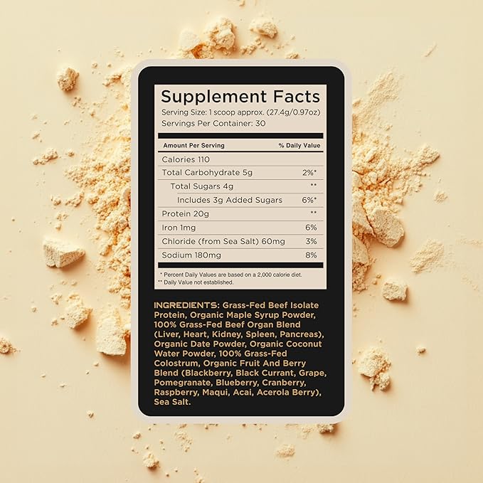 Grass Fed Beef Protein Powder - Original Flavor - Nose to Tail Animal Protein Powder Including 100% Grass Fed and Finished Beef Organs, Colostrum, and Fruit - 1.8 lbs (30 Servings)