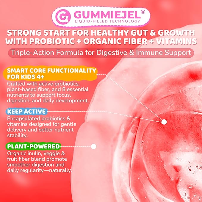 Probiotics for Kids Teen + Veggie & Fruit Fiber Gummies, with 12 Billion CFU Probiotic, Organic Inulin Prebiotics Fiber, Methyl B12 B6 C for Children's Digestive & Gut, Immune Health, Sugar Free,60Cts
