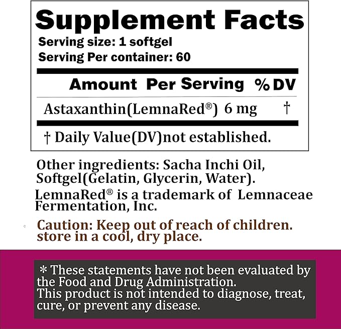 Free-Form Astaxanthin 6mg Softgel-60 Softgels Dietary Supplement Strongest Antioxidant Immune Supports Supports Eye,Joint & Skin Health Formulated with Sacha Inchi Oil