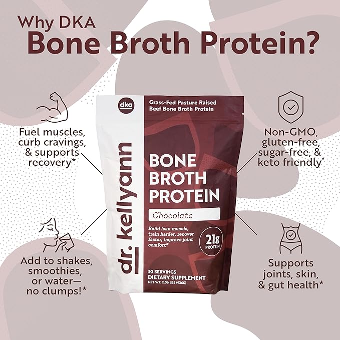 Dr. Kellyann Keto Bone Broth Protein Powder Chocolate - Protein 21g, 2g Net Carbs - Grass Fed Hydrolyzed Collagen - Sugar, Gluten and Dairy Free, Paleo, Keto Protein Shakes (30 Servings)