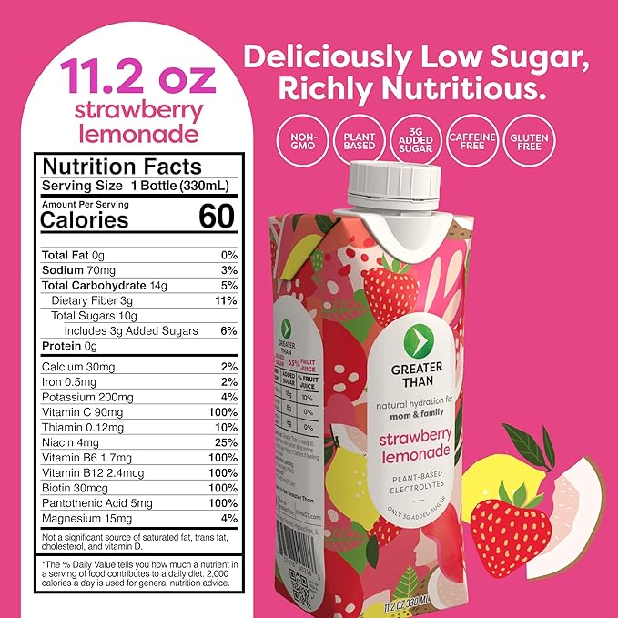 Greater Than Nutrient Hydration Beverage, Electrolyte Drink for Gut Health & Energy with Coconut Water, Vitamins, Gluten Free, Plant Based, Low Sugar for Moms and Families, Strawberry Lemonade, 12 Pack