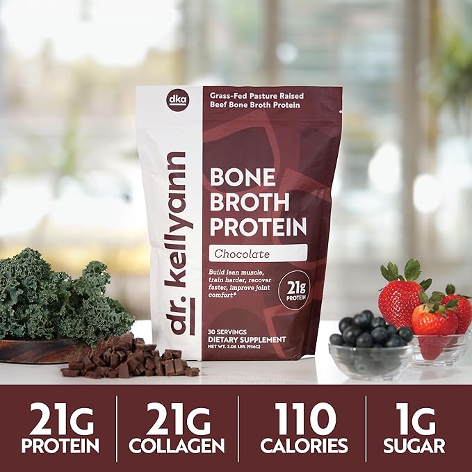 Dr. Kellyann Keto Bone Broth Protein Powder Chocolate - Protein 21g, 2g Net Carbs - Grass Fed Hydrolyzed Collagen - Sugar, Gluten and Dairy Free, Paleo, Keto Protein Shakes (30 Servings)