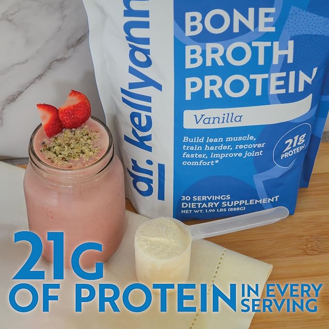 Dr. Kellyann Bone Broth Protein Powder Vanilla (30 Servings) – 21g Protein, Grass-Fed Collagen, Sugar-Free, Keto & Paleo-Friendly, 1 Pack