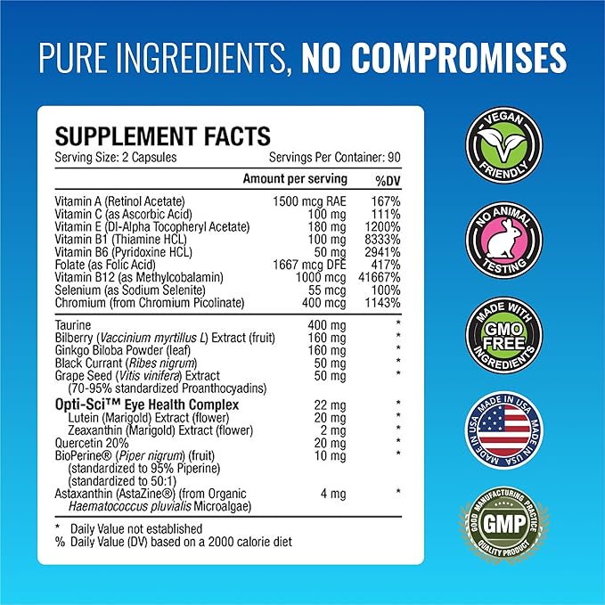 Approved Science EyeSyl - Eye Support Supplement - Chromium Picolinate, Taurine, Lutein, Zeaxanthin, Bilberry, BioPerine - 2 Bottles - 360 Capsules - Made in USA
