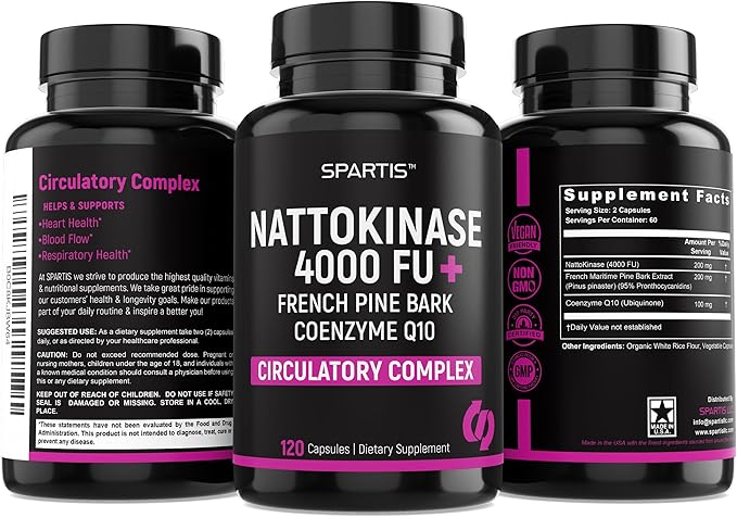 Nattokinase Supplement 4000 FU CoQ10 100mg French Maritime Pine Bark Extract 200mg with Enzymes for Circulatory & Cardiovascular Support (Pack of 1 at 120-Caps)