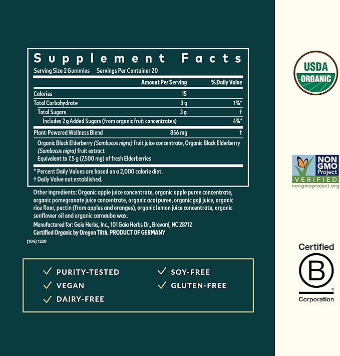 Gaia Herbs Black Elderberry Adult Daily Gummies - Delicious Immune Support Supplement - Made with Certified Organic Black Elderberries for Immune System Support, 40 Gummies (20-Day Supply)