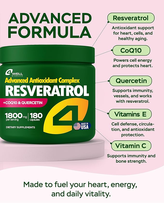 Resveratrol Supplement 1800mg Complex - COQ10, Quercetin, Vitamin E, Vitamin C - Powerful Antioxidant Formula for Enhanced Energy, Heart Health & Healthy-Aging Support Trans Resveratrol 180 Capsules