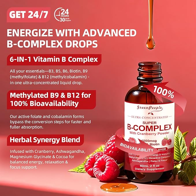 Super B Complex Liquid | B12 Methylcobalamin + Methyl Folate | B Vitamins Complex Liquid Drops with B3,B5,B6,B7, Ashwagandha & L-Theanine for Energy, Focus & Immunity, 4 fl Vegan Raspberry