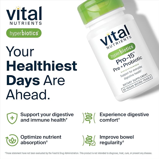 Hyperbiotics Vital Nutrients Pro-15 Prebiotics and Probiotics for Women and Men | 15 Science Backed Strains | Supports Occasional Constipation, Diarrhea, Gas & Bloating | 30 Vegan Time Release Pearls