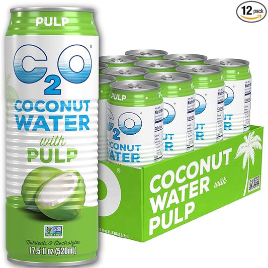 C2O - Coconut Water with Pulp (12 Pack) - Made with Fresh Coconut Water - Plant Based - Non GMO - Canned Water - Natural Hydration, Essential Electrolytes, & Potassium - 12 Cans, 17.5 FL OZ