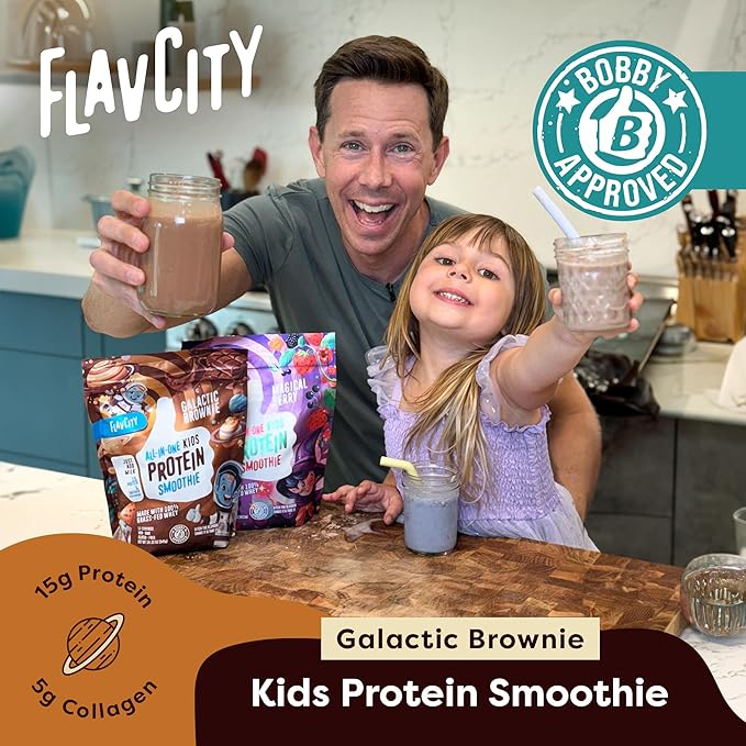 FlavCity All-in-One Protein Smoothie for Kids (Galactic Brownie) - Grass-Fed & Undenatured Whey Protein Powder with 15g Protein & 5g Collagen - Gluten-Free & Non-GMO - 15 Servings