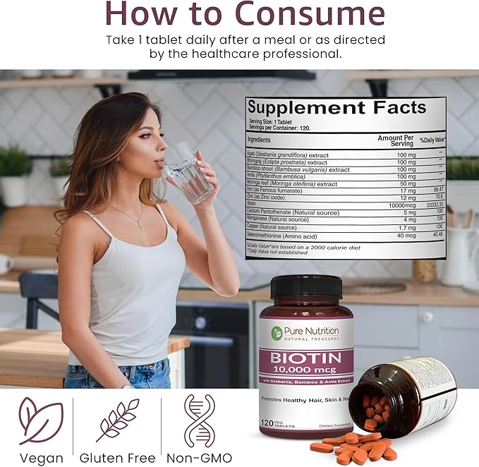 Pure Nutrition Biotin 10000mcg with Sesbania, Bamboo & Amla Extract | 120 Tabs | Natural Biotin 10000mcg Supplement | Non GMO | Gluten Free