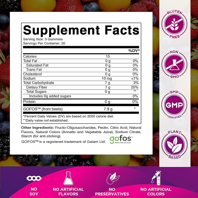 Vitamatic Prebiotic Fiber Gummies for Adults – 2 Pack (Total 120 Gummies) 7g Fiber per Serving | Extra Strength | Zero Sugar Added | Pectin-Based | Digestive Health & Regularity Support