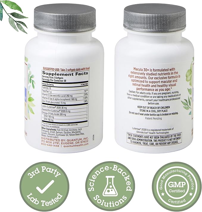Quantum Health Macula 30+ Eye Care Supplement Promotes Macular & Retinal Health as You Age with Lutein Zeaxanthin Omega-3 Vitamins C & E Daily Nutrition for Women & Men - 60 Softgels