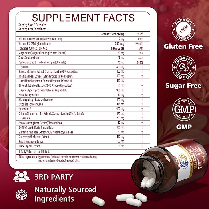 Brain Supplement for Mental Alertness, Memory, Focus & Energy, Alpha GPC, Huperzine-A, L-Tyrosine, Phosphatidylserine, Vitamins B6 B12, High Absorption, 90 Capsules