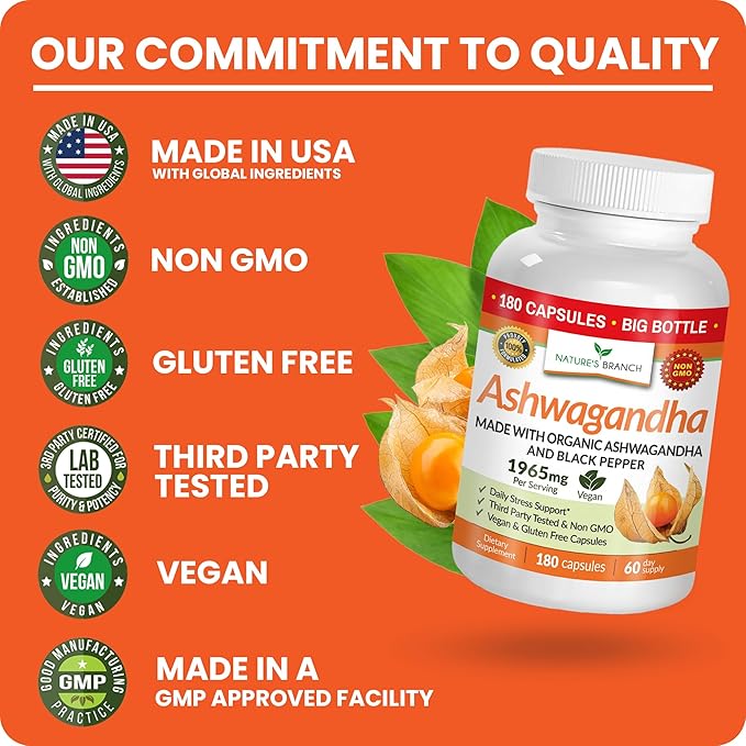 UDAF Verified Organic Ashwagandha with Black Pepper - 180 Capsules - 1965mg Extra Strength for Stress, Sleep, Mood, Thyroid, Focus, Hair, Vegan Pure Root Extract Powder - Men and Women Supplements