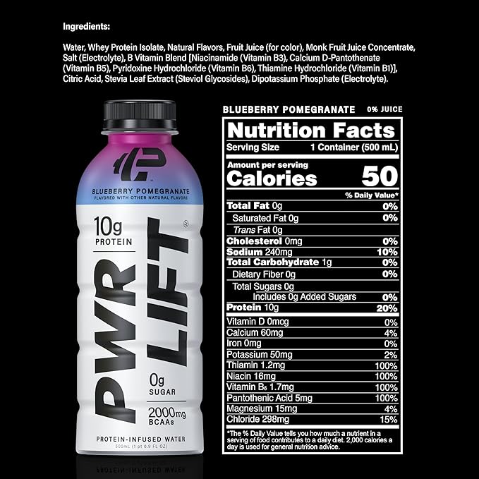 Whey Protein Water Sports Drink by PWR LIFT | Blueberry Pomegranate | Keto, Vitamin B, Electrolytes, Zero Sugar, No Artificial Flavors, No Chalky Aftertaste | | Post-Workout Energy Protein Beverage | 16.9 Oz (Pack of 12)