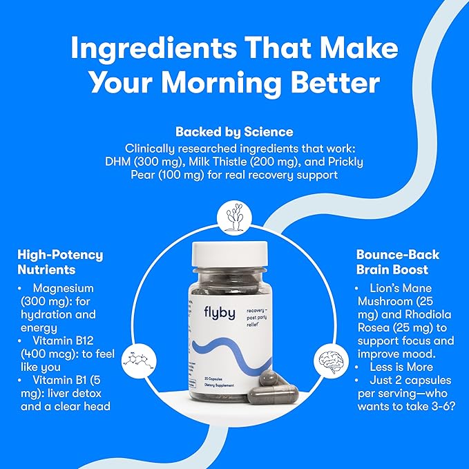 Flyby Recovery Supplement - All The Hang, Without The Over!™ - with Milk Thistle, Vitamin C, Activated Charcoal, and Apple Cider Vinegar - Pre & Post Drinking Formula (40 Count)