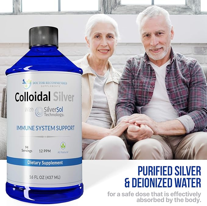 Colloidal Silver Liquid - 12 PPM Premium Silver Solution, 60 MCG Per Serving, All Natural, Vegan Immune System Support, Ionic Silver Water Daily Mineral Supplement (2-16 Fl oz Bottles)