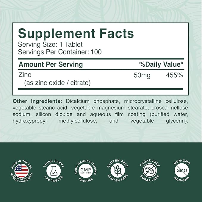 PurePremium Natural Zinc 50mg Supplements for Men/Women - High Potency Vitamin Zinc Citrate/Oxide for Adults, Immune Antioxidant, Energy Support - 100 Tablets
