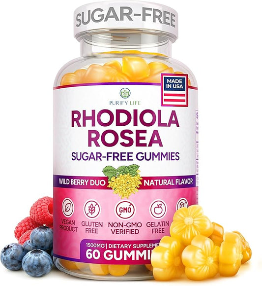 Purify Life Sugar-Free Rhodiola Rosea Gummies (1500mg/Serving) Cortisol Detox & Adrenal Support Supplement - Adaptogenic Rhodiola for Mood, Motivation, Stamina & Performance, Non-GMO, 60 Vegan Chews