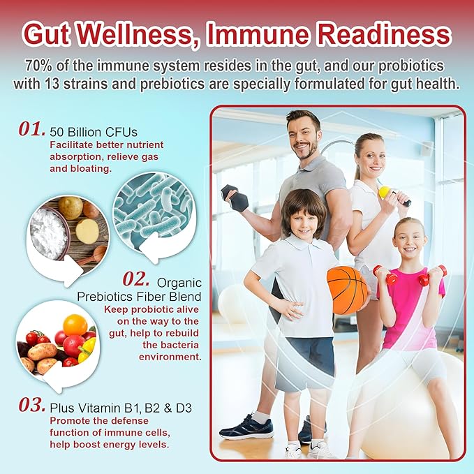Probiotic + Prebiotic Gummies for Adults & Kids 4+, Sugar Free Chewable Probiotic 50Billion CFUs w/Fiber, Vitamin B1 B2 D3 & Zinc, for Digestive & Gut Health, Boost Microflora Diversity, Vegan 120 Cts