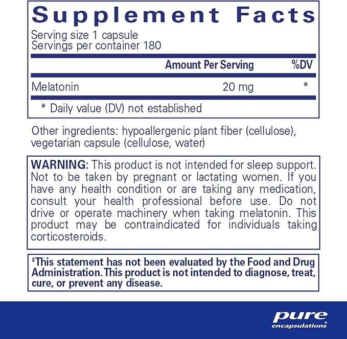 Pure Encapsulations Melatonin 20 mg - Not Intended for Sleep Support - for Immune System & Healthy Cells - 99.5% Purity Melatonin - Gluten Free & Non-GMO - 180 Capsules