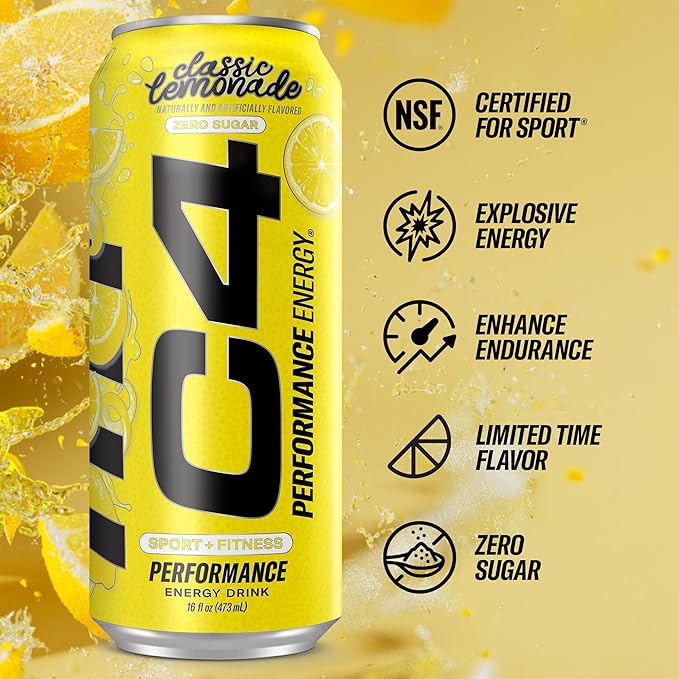 C4 Energy Drink, Lemonade Limited Edition Carbonated, Sugar Free Pre Workout Performance Drink with no Artificial Colors or Dyes, 16oz Pack of 12