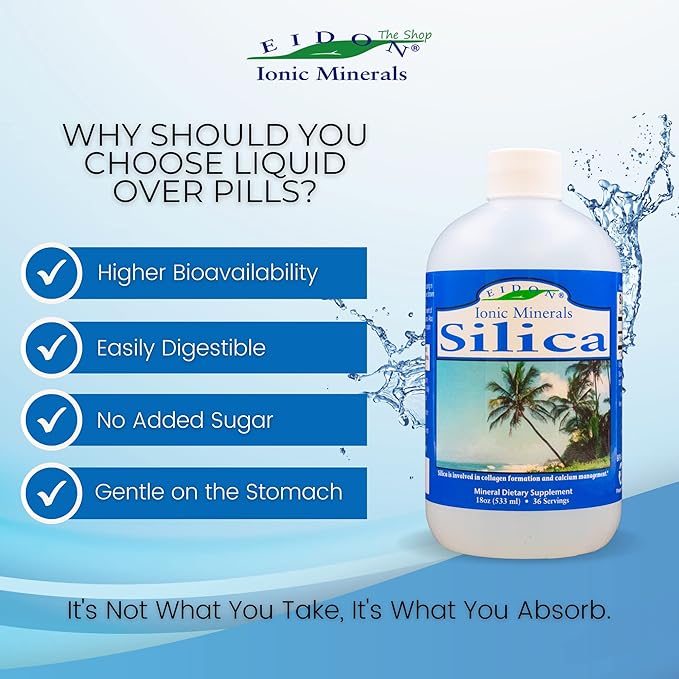 Eidon Ionic Minerals Liquid Silica Mineral Concentrate - Silica Supplement for Hair, Skin and Nails, Silica Drops to Support Collagen Production, Joint and Bone Health, Helps Manage Calcium - 18 oz