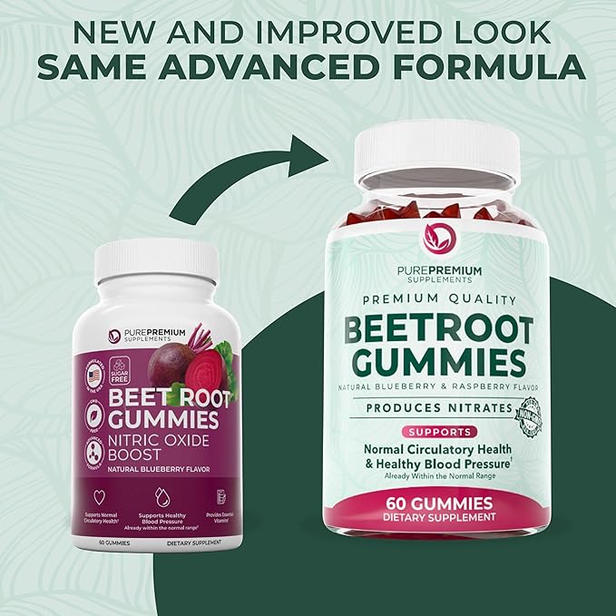 PurePremium Beet Root Gummies - 60 Sugar Free Chews (50:1 Equivalent 1500 mg) - Super Nitric Oxide Beetroot Gummies | Natural Blueberry Flavor - Supplements for Normal Blood Pressure