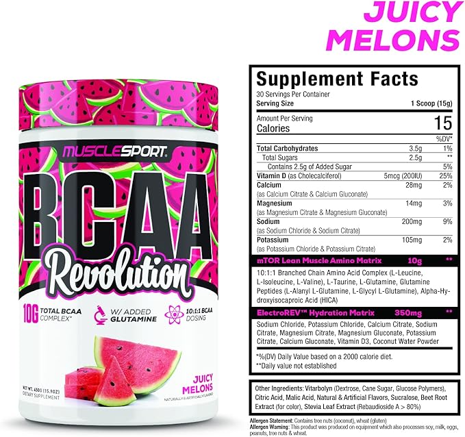 Musclesport BCAA Revolution Amino Acid Powder Supplement for Men & Women - Intra Workout Training Complex - Recovery Supplement (Juicy Melons, 30 Servings)