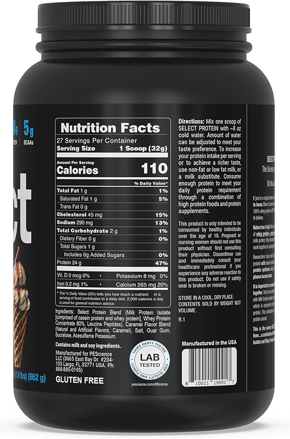 PEScience Select Protein Powder, Whey and Casein Blend, Clean Protein Powder for Women and Men, Low Calorie, Low Carb, Keto Friendly, Gluten Free - Caramel Waffle Cone - 27 Servings