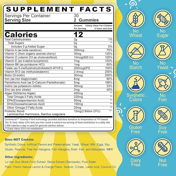 Kids Multivitamin Gummies with Iron, Sugar Free, Kids Daily Vitamins + Probiotics, Algae Omega 3 (EPA/DHA), A, C, D, Methyl B12, Folate, B6, Zinc, Biotin, for Healthy Growth, Immune Support, 60 Count