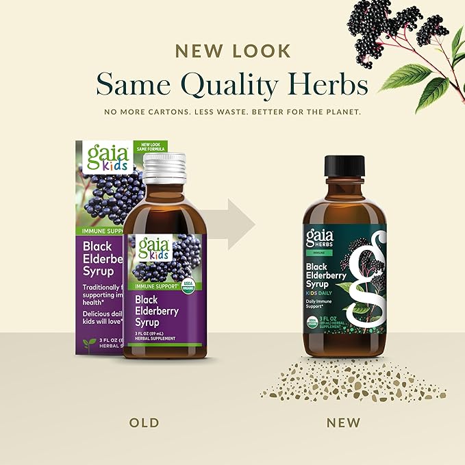 Gaia Herbs GaiaKids Black Elderberry Syrup - Delicious Immune Support Supplement for Kids - with Organic Black Elderberries and Honey - USDA Certified - 3 Fl Oz