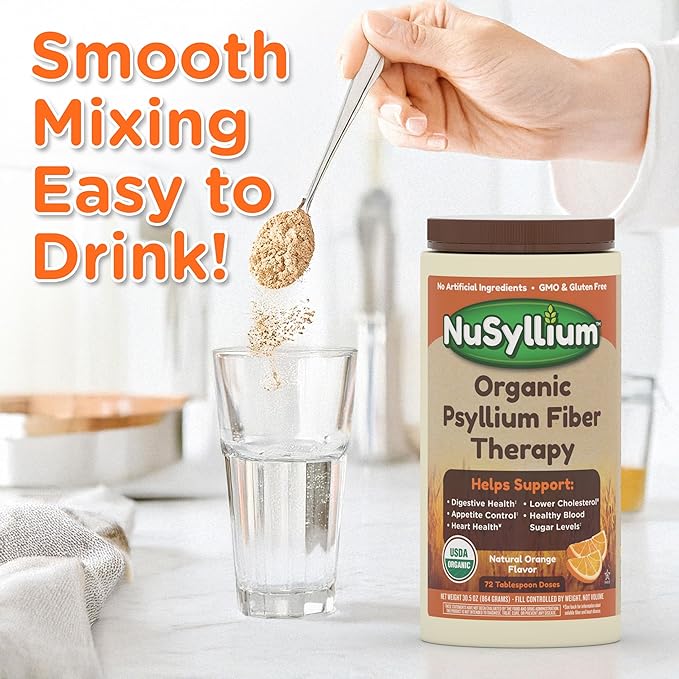NuSyllium Psyllium Husk Powder, USDA Organic, 30.5 Oz, Dietary Fiber Supplement with Brown Sugar, Helps Digestive Health* Natural Orange, 72 Servings