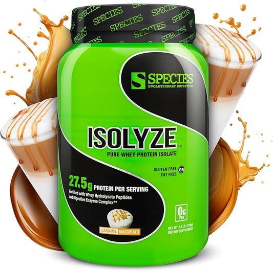 Species Nutrition Isolyze Whey Protein Powder, 100% Whey Isolate for Muscle Building, 27.5g Protein Per Scoop, No Sugar & Low Fat (Caramel Macchiato, 22 Servings)