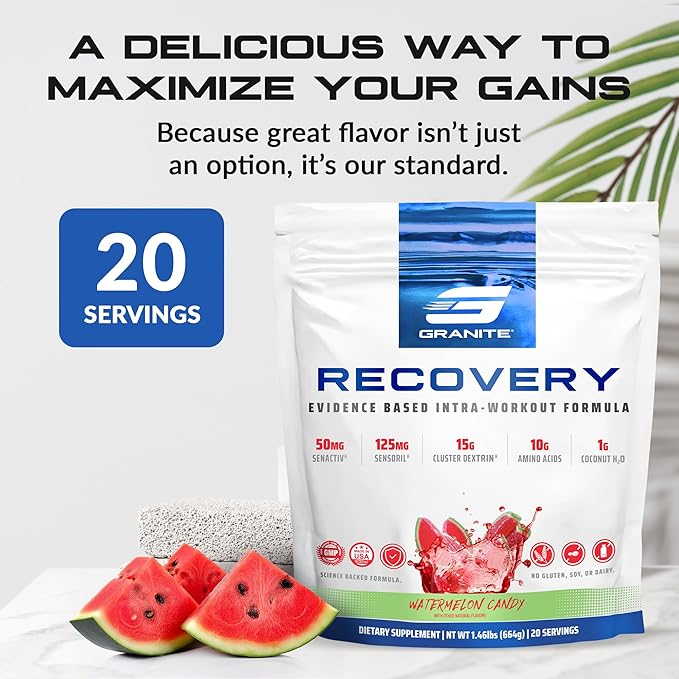 Granite Nutrition Recovery - Premium Intra-Workout Drink with EAAs, Cluster Dextrin, Sensoril & Senactiv for Athletic Performance and Lean Muscle Gains - Watermelon Candy (20 Servings)