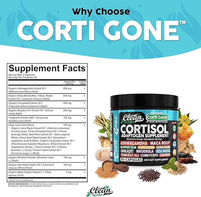 Clean Nutra Cortisol Supplements For Women | Maca Root Ashwagandha Cortisol Detox Manager Reducer + Slippery Elm Fenugreek Lions Mane Shilajit Rhodiola Sea Moss Tongkat Ali Cordyceps Ginseng Beet Root