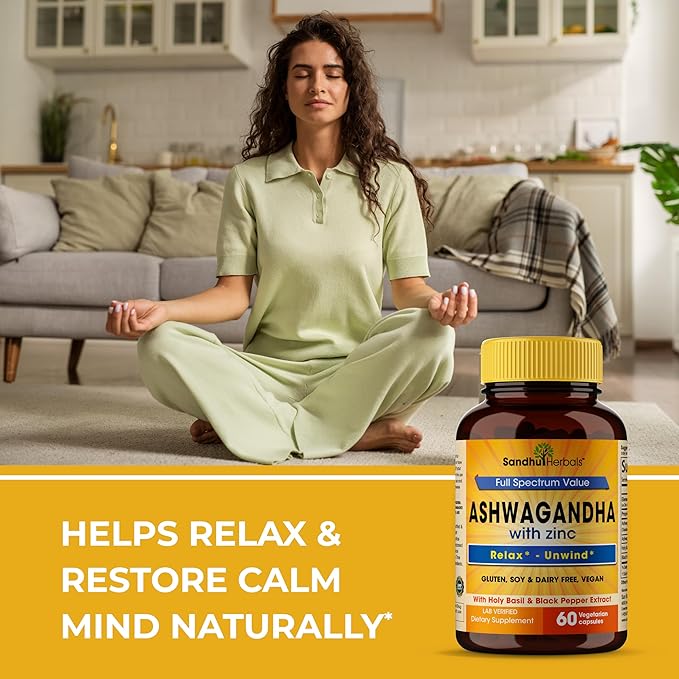 Sandhu Herbals Ashwagandha Supplement | 60 Organic 4 in 1 Capsules, 1 Month Supply | with Zinc, Black Pepper and Holy Basil Extract | Supports Immune Health | Non-GMO