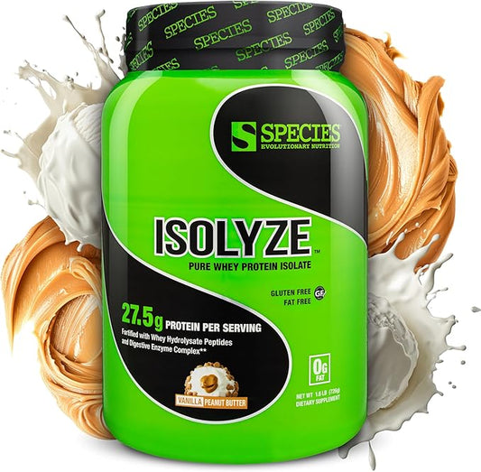 Species Nutrition Isolyze Whey Protein Powder, 100% Whey Isolate for Muscle Building, 27.5g Protein Per Scoop, No Sugar & Low Fat (Vanilla Peanut Butter, 22 Servings)