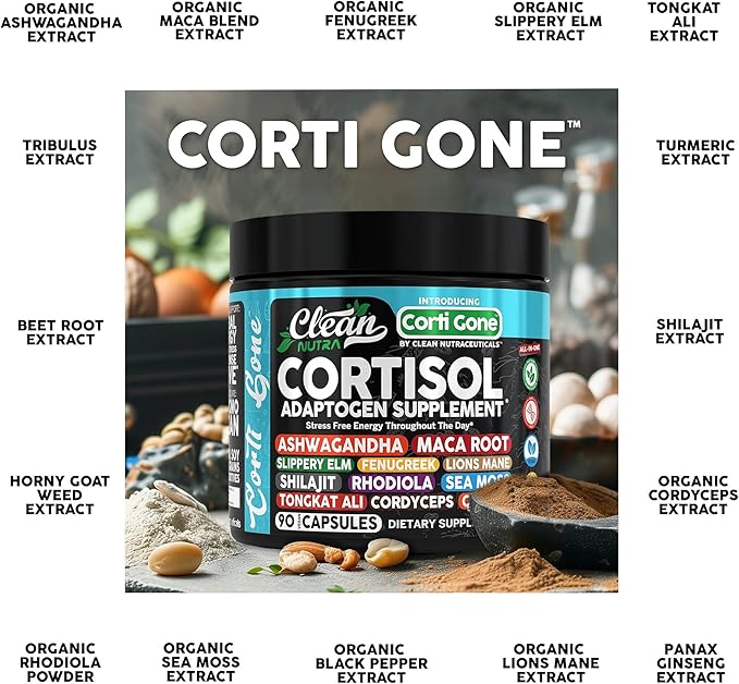 Clean Nutra Cortisol Supplements For Women | Maca Root Ashwagandha Cortisol Detox Manager Reducer + Slippery Elm Fenugreek Lions Mane Shilajit Rhodiola Sea Moss Tongkat Ali Cordyceps Ginseng Beet Root