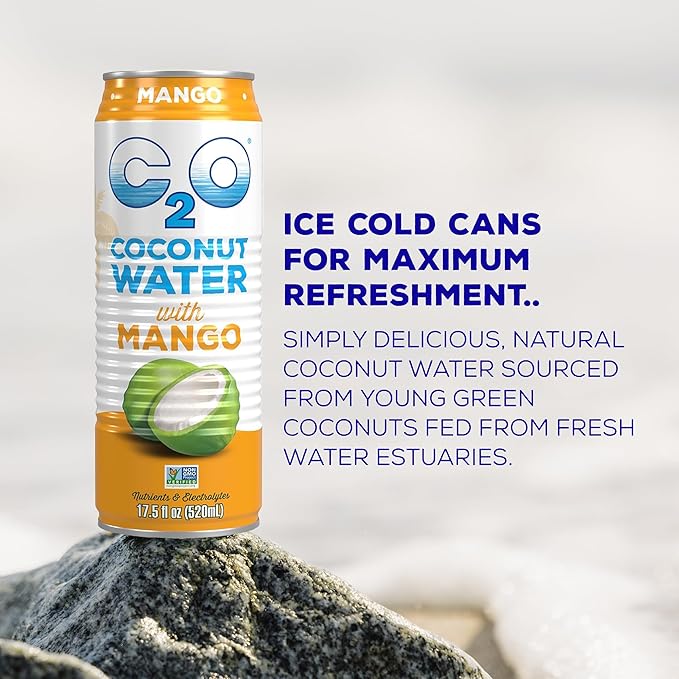 C2O - Coconut Water with Mango (12 Pack) - Made with Fresh Coconut Water - Plant Based - Non GMO - Canned Water - Natural Hydration, Essential Electrolytes, & Potassium - 12 Cans, 17.5 FL OZ
