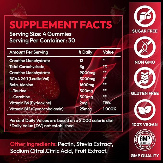 Creatine Gummies Monohydrate Complex 9000MG, Chewable Creatine Monohydrate Gummies for Men & Women with L-Taurine, BCAA 2:1, B12/6, Building Muscle Strength and Boost Focus, 30 Days Supply
