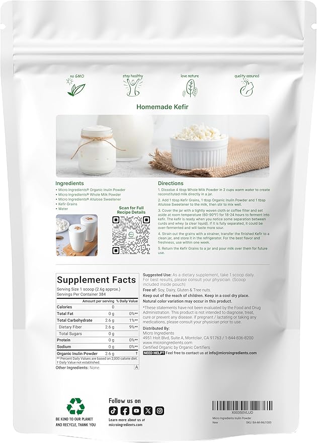 Micro Ingredients Organic Inulin FOS Fiber Powder, 2.2 lb | Quick Water-Soluble Prebiotic for Intestinal & Colon Health | Natural Fiber for Smoothies & Drinks | Vegan Friendly