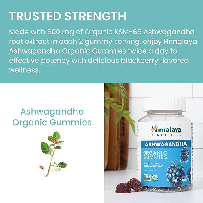 Himalaya Organic Ashwagandha Gummies, BlackBerry - Herbal Adrenal Support for Stress Relief, Energy Support and Occasional Sleeplessness - USDA Organic, Non-GMO, Vegan, Gluten Free, 60 Gummies